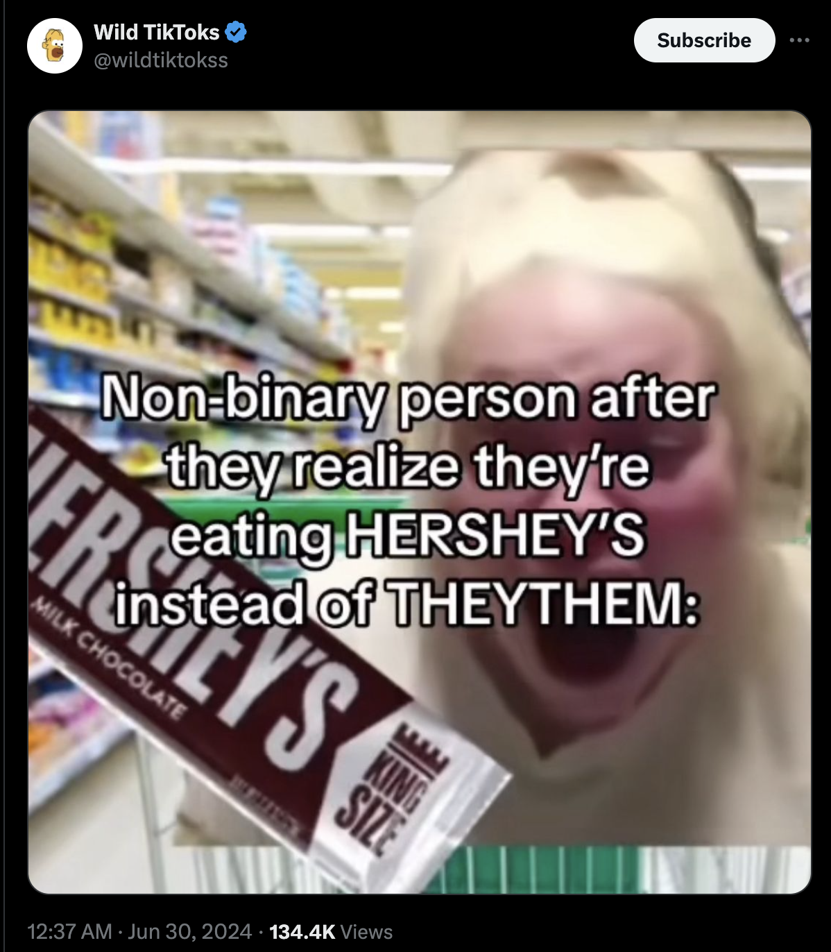 photo caption - Wild TikToks Subscribe Nonbinary person after they realize they're eating Hershey'S instead of Theythem Ersey'S Milk Chocolate King Size Views